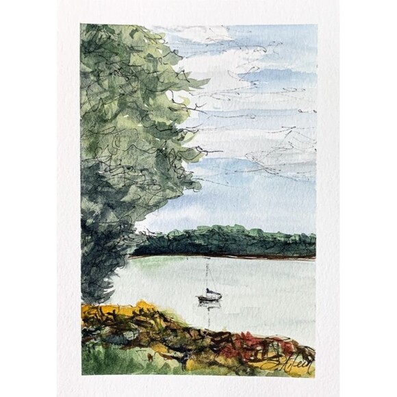 Original Watercolor Ink Seascape Maine Sailboat Early Fall Landscape Signed 5x7 - Picture 1 of 4